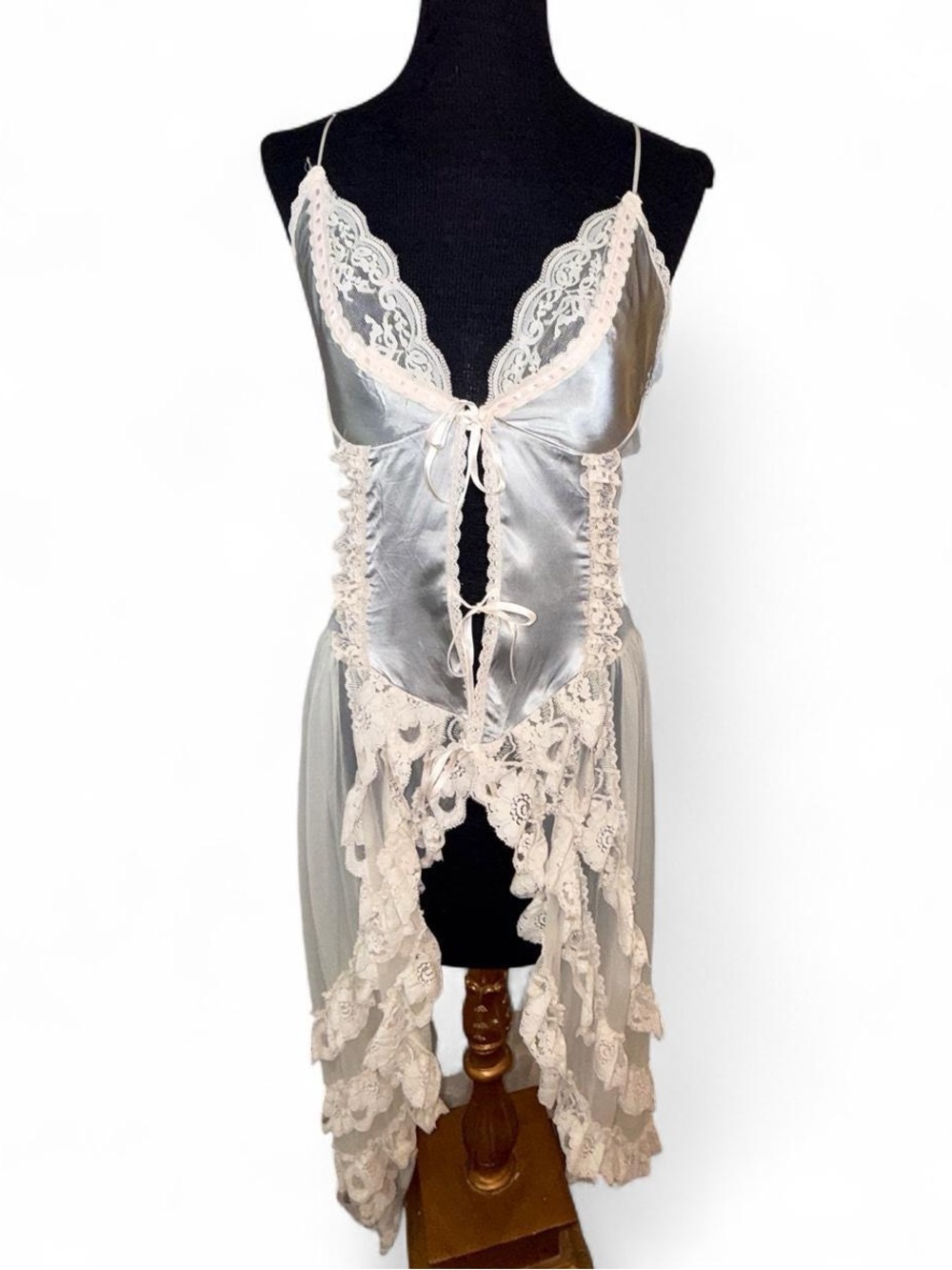 Vintage 80’s Chorus Line Lingerie Lace m Peignoir Ruffled Skirt Slip Dress SZ L